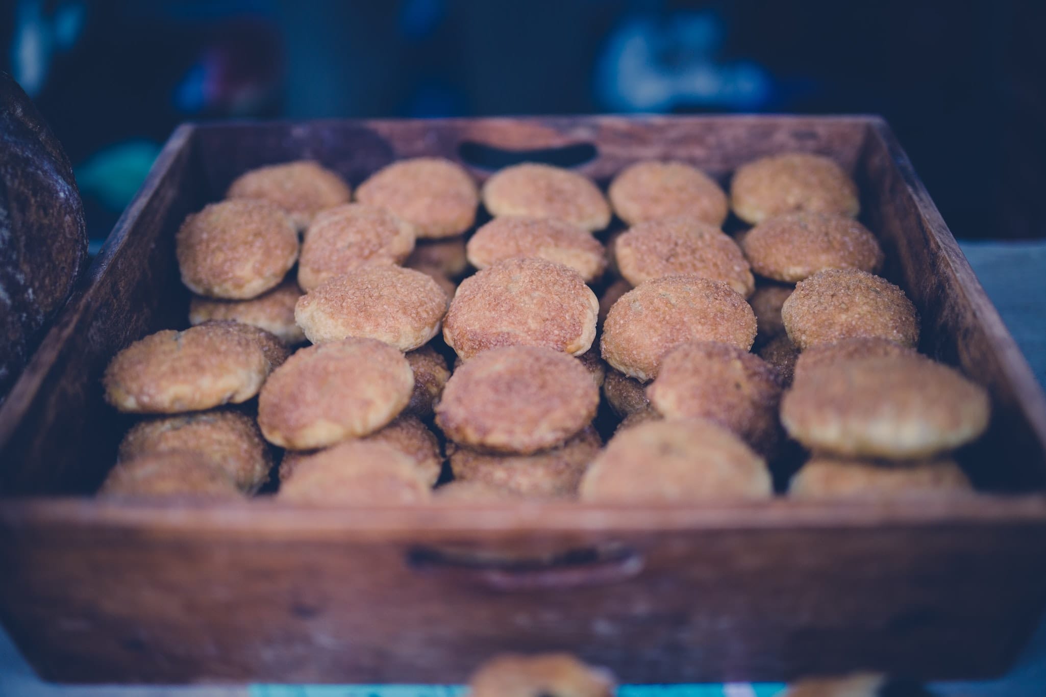 Box of cookies in a wooden baking box Box of cookies in a wooden baking box